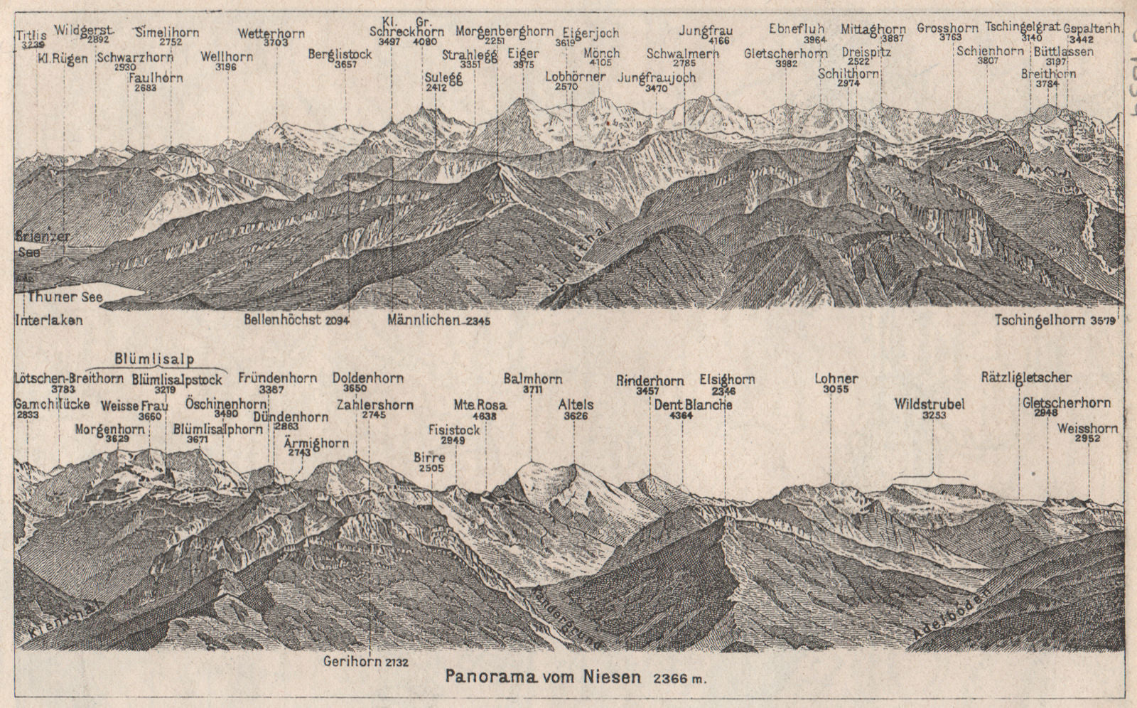 PANORAMA from/von NIESEN 2366m. Blumisalp Jungfrau Switzerland Schweiz 1928 map